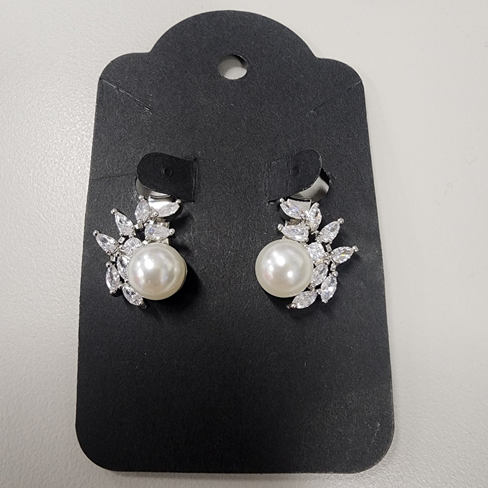 Sparkling Cubic Zirconia (CZ) Faux Pearl Cluster Clip-on Earrings Bridal Wedding